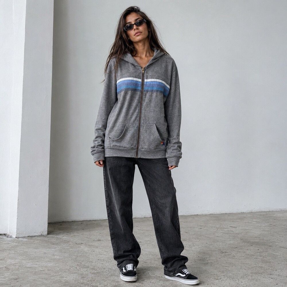 Aviator Nation Unisex L Gray 5 Stripe Full Zip Hoodie Made USA Streetwear Retro